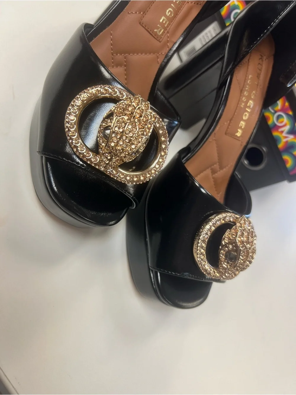 Kurt Geiger Black Patent Platform Sandals with Gold Crystal Medallion